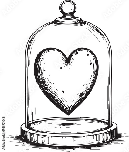 A heart encased within a glass dome, a stark illustration of vulnerability, protection, or the fragility of emotions. It speaks to the nature of love and care.