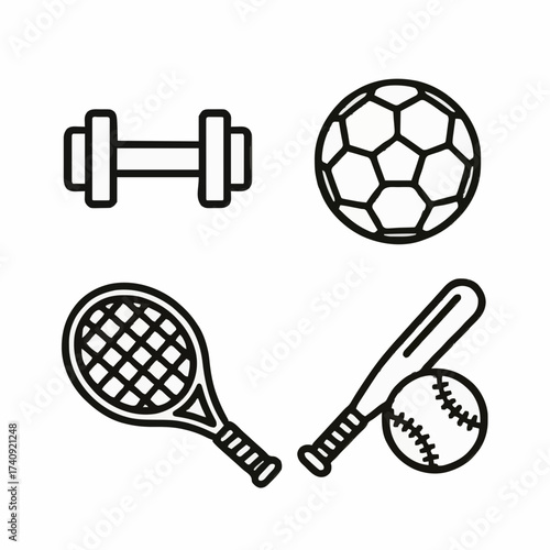Sports equipment icons including dumbbell, soccer ball, tennis racket, and baseball bat  