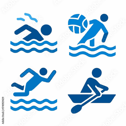 Swimming, water polo, diving, and rowing icons in blue design  