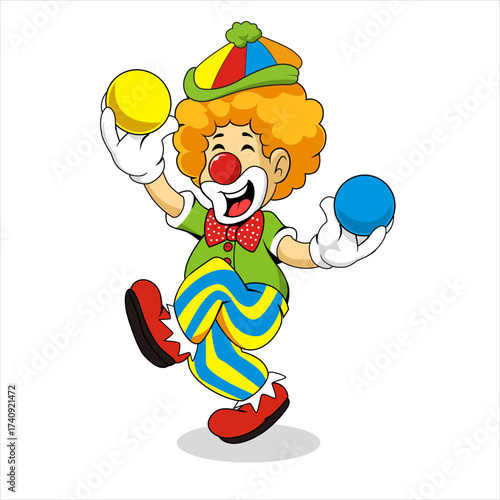A cheerful cartoon clown performing a juggling act with vibrant, colorful balls, embodying joy and whimsical entertainment for children's events and circus themes
