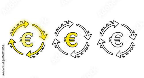 Vector illustration of three circular arrow icons with a euro symbol in the center, representing currency exchange and financial transactions
