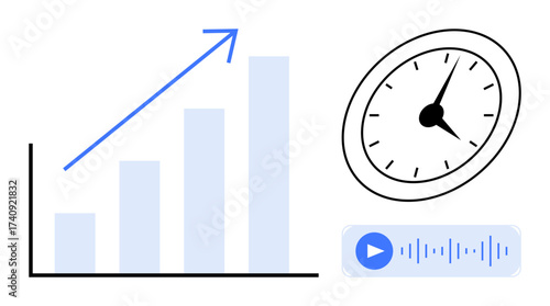 Bar chart with upward arrow, analog clock, and audio play button represent progress, time management, and technology. Ideal for business, productivity, analytics, time tracking growth learning