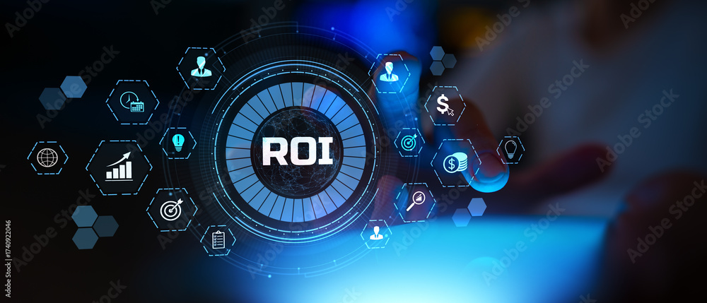 Fototapeta premium Return on Investment ROI Analysis and Financial Growth Strategy Illustrated on Digital Interface.
