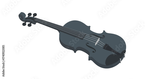 Stylized Dark Gray Violin with Strings and Tuning Pegs Illustration.