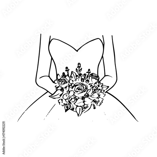 close up of a bride holding a wedding bouquet, a mid section portrait of a woman in a bustier dress - hand drawn doodle