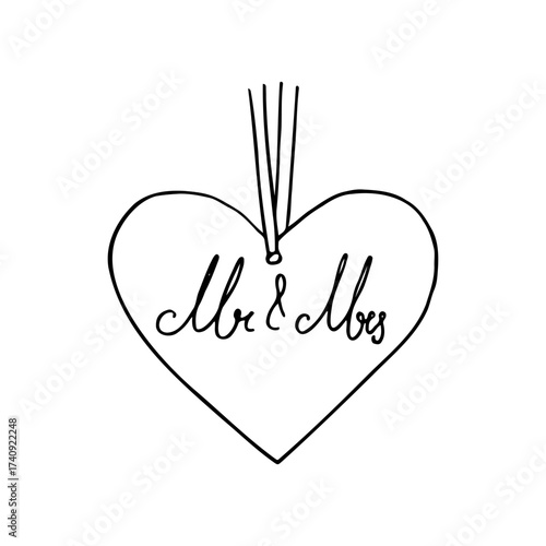 Mr. and Mrs. handwritten lettering on a heart-shaped pendant on a ribbon - hand drawn line art sketch