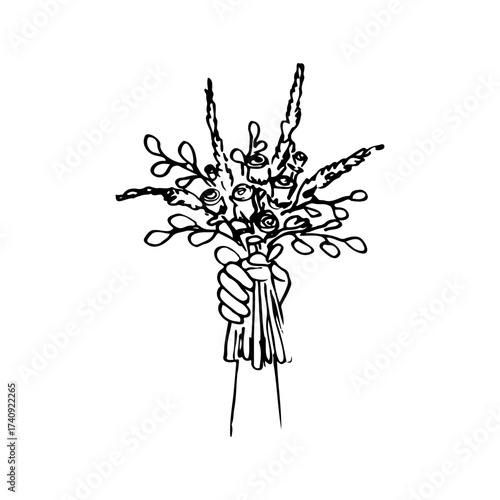 raised human hand holding a bouquet of flowers with eucalyptus - hand drawn line art sketch