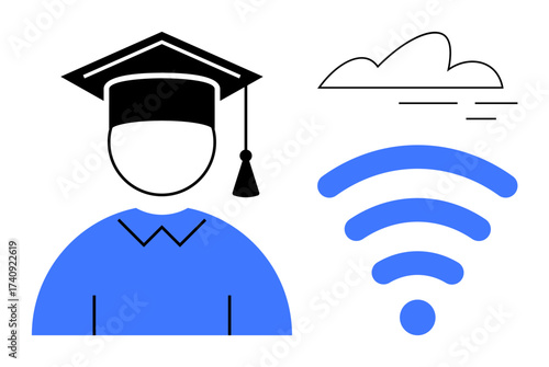 Graduate wearing academic cap connected to wireless and cloud, symbolizing e-learning, digital education, remote collaboration, online courses, technology growth, modern knowledge access. Ideal