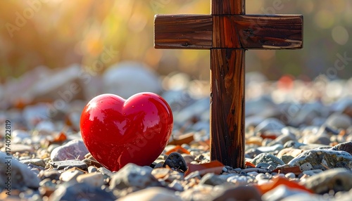 Wooden Cross and Red Heart Symbolize Faith and Love in a Spiritual Scene