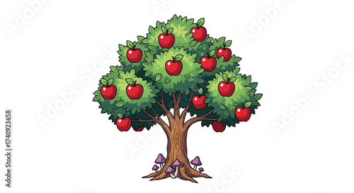Vector illustration of a vibrant cartoon apple tree laden with ripe red apples, with whimsical mushrooms at its base