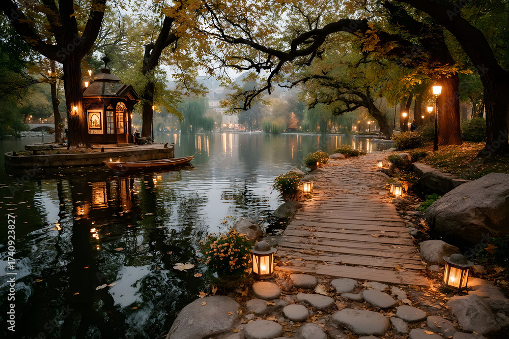 Fototapeta premium Tranquil Autumn Lake Scene with Illuminated Pathway and Gazebo at Dusk