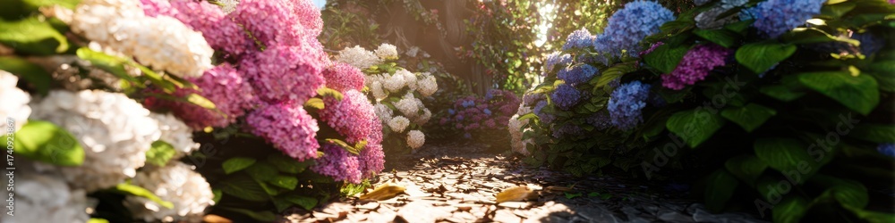 Obraz premium Pathway through vibrant blooming flowers under sunlight creating a serene nature scene