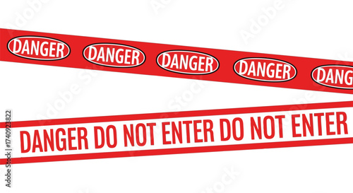 Vector illustration of red and white danger tape with the words danger and do not enter printed repeatedly, indicating a restricted or hazardous area