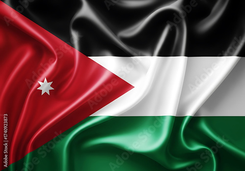 Waving flag of jordan with red triangle white star and horizontal stripes