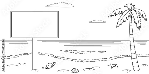 Beach billboard graphic black white landscape sketch illustration vector