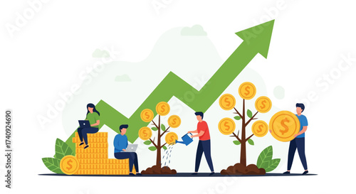 Vector illustration of illustration of people growing money trees and coins, representing financial growth and investment