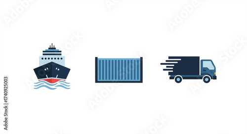 Streamlined Global Logistics and Transportation Illustration Featuring Cargo Ship, Shipping Container, and Delivery Truck for Modern Supply Chain Solutions