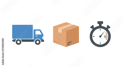 Fast and reliable delivery service with a truck, package, and stopwatch symbolizes speed and efficiency for shipping needs, originally a scalable graphic