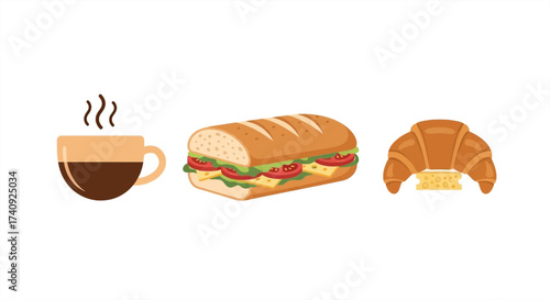 Enjoy a delicious breakfast with a hot coffee, a submarine sandwich and a croissant with cheese, perfect for starting your day feeling satisfied