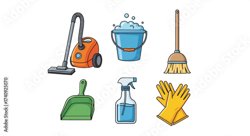 Organized cleaning tools collection, featuring a vacuum, bucket with bubbles, broom, dustpan, spray bottle, and gloves, perfect for home or professional use