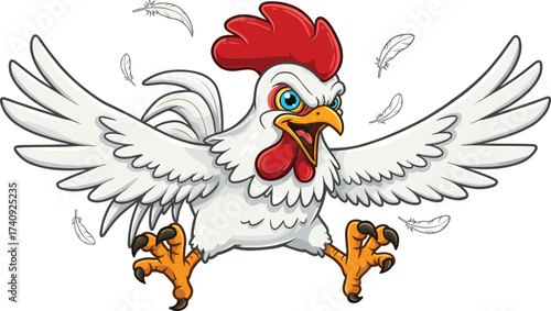 Angry cartoon rooster with wide wings flying in air, fierce expression, colorful feathers, aggressive farm animal, white background illustration