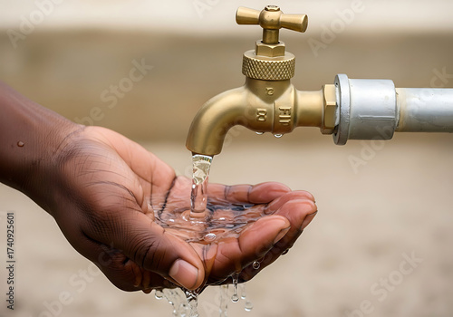 A hand catching clear water flowing from a golden brass faucet