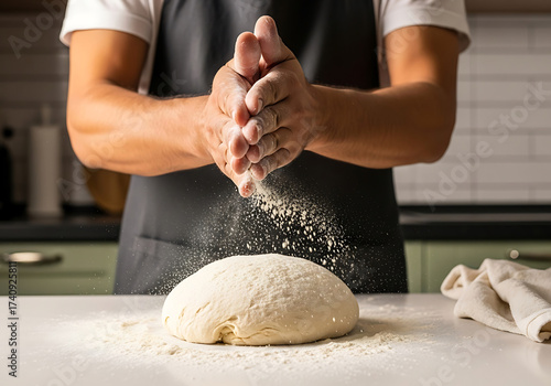 Baker dusting flour over dough preparing for bread making in kitchen