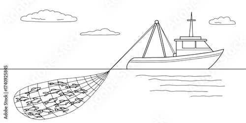 Fishing ship graphic black white sea sketch illustration vector 
