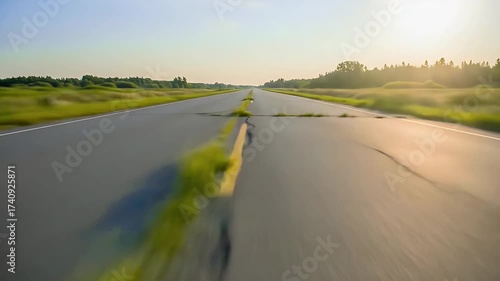 Driving POV on an old cracked rural road at sunset.