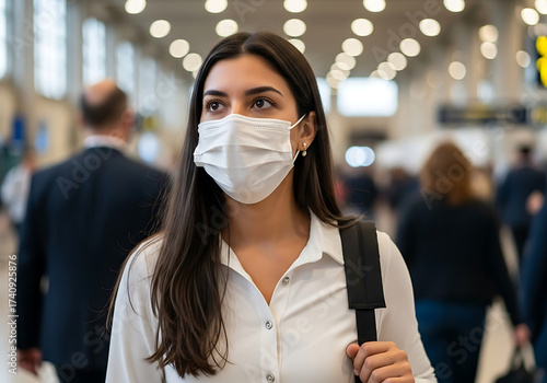 Woman wearing a face mask while traveling through a busy airport terminal