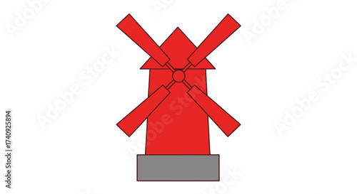 A simple red windmill drawing against a white background, with red blades and a grey base