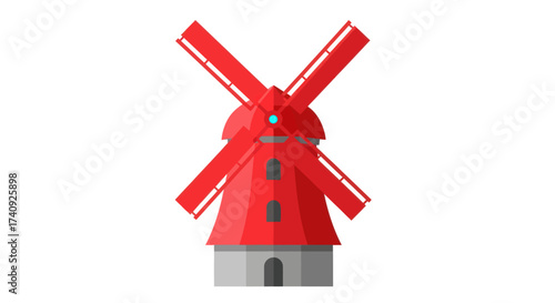 A stylized illustration of a red windmill on a white background, with blades in a cross shape