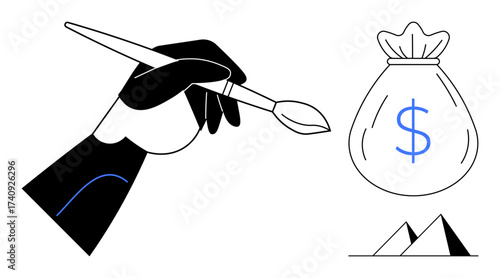 Hand holding paintbrush near money bag with dollar sign and small pyramids. Ideal for creativity, profit, investment, art value, craftsmanship, vision, design success. Simple flat metaphor