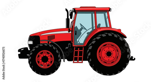 A vibrant red and black tractor illustration, side view, detailed design, on a white background