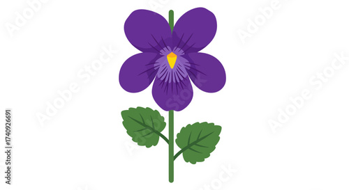 A stylized, flat-design illustration of a purple violet flower with green leaves and stem