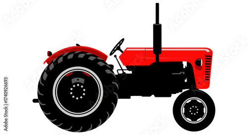 A stylized red and black tractor, viewed in profile, with large rear wheels and a tall exhaust