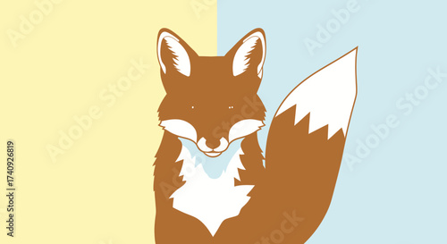 A stylized illustration of a fox with a fluffy tail on a split-color background