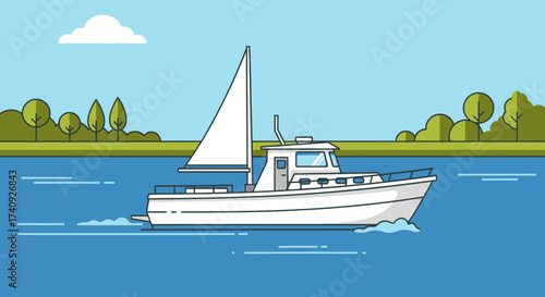 A white motorboat with a sail travels across blue water, a cloud overhead, trees on the shore