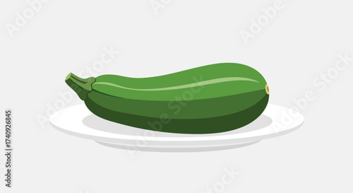 A single zucchini rests on a white plate against a light gray backdrop, side view