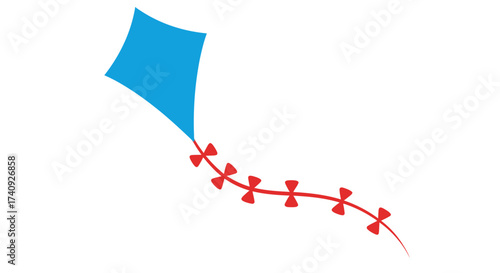 A stylized blue kite with a red tail featuring bow-shaped attachments, on a white background