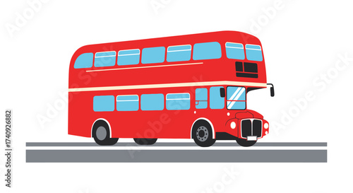 A two-story red vehicle with blue windows, on a gray road, simplified style