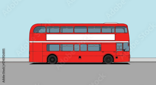 Simplified side view of a double-decker bus, red with white band, set against a light blue sky