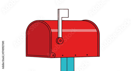 Cartoon illustration of a red mailbox with a raised white flag, mounted on blue posts