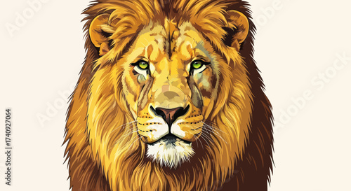 Majestic digital painting of a lion's head, featuring a detailed mane, green eyes, and a neutral background