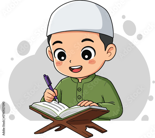 Cute Muslim boy studying and writing in holy Quran on wooden rehal, Islamic education, learning religion concept cartoon illustration