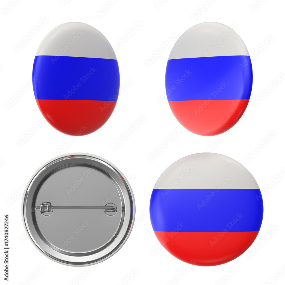 Fototapeta premium Russian flag button badges, various views, patriotic pin emblems.