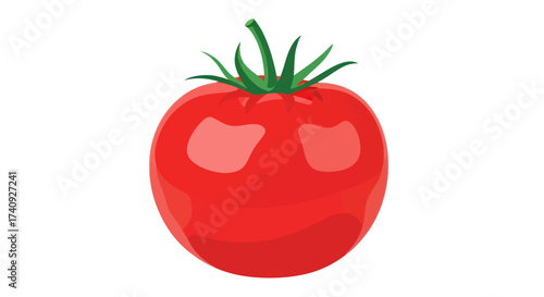 A vibrant illustration of a plump red tomato, with green stem and leaves, on a white background