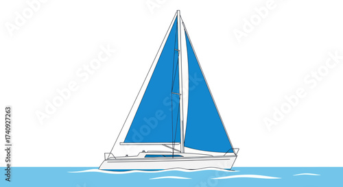 A minimalist illustration of a sailboat with blue sails on a light blue sea, white background