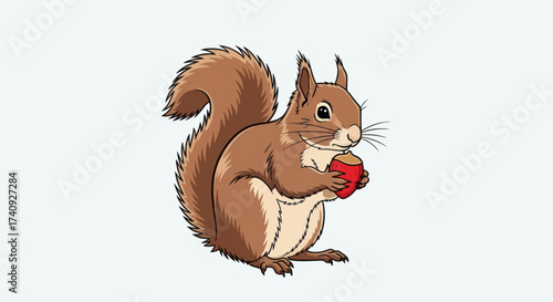 A brown cartoon squirrel holds a red nut, with a fluffy tail and a white background