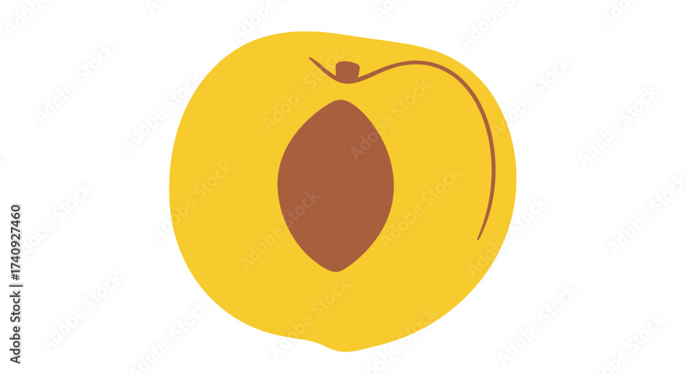 Fototapeta premium A stylized yellow peach cut in half, revealing a brown seed and brown stem